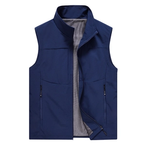 Men's casual deep blue standing collar vest with multi-pockets and breathable mesh lining