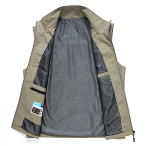 Men's khaki multi-pocket cargo vest with breathable mesh lining and zipper detail