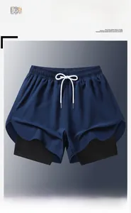 Macro detail of men's double-layer sports shorts with adjustable drawstring waist