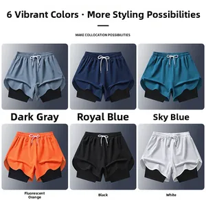Detail view of 2-in-1 sports shorts in six vibrant colors with drawstring waist and quick-dry fabric