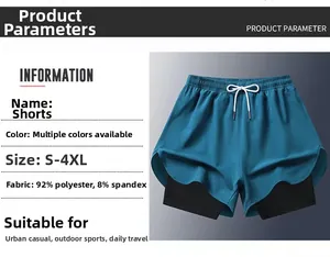 Detail view of blue 2-in-1 men's sports shorts with drawstring and sizing chart