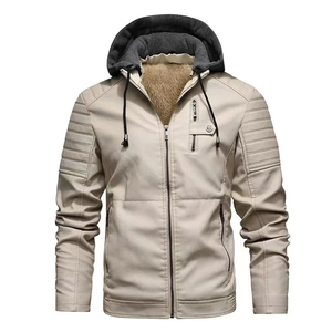 Beige faux leather motorcycle jacket for men with grey hood and warm fleece lining