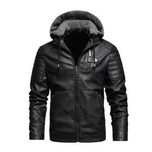 Men's black hooded motorcycle faux leather jacket with fleece lining and ribbed shoulders