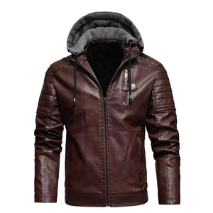 Men's burgundy motorcycle leather jacket with gray knit hood and quilted shoulder details