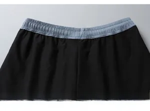 Detail of elastic waist with reinforced stitching on black quick-dry sports shorts