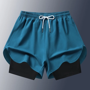 Men's 2-in-1 quick-dry athletic shorts in peacock blue with black compression inner layer