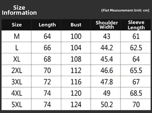 Size chart for slim fit bomber jacket ranging from M to 5XL with detailed measurements