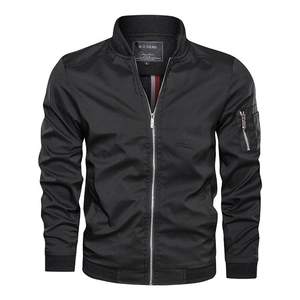 Detail of black bomber jacket featuring tactical sleeve pocket and ribbed collar and cuffs