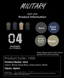 Detailed size chart and specifications for nylon outdoor vest in four colors