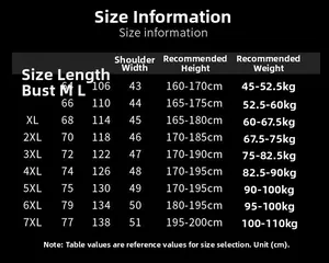 Detailed size chart for men outdoor vest with height and weight measurement references