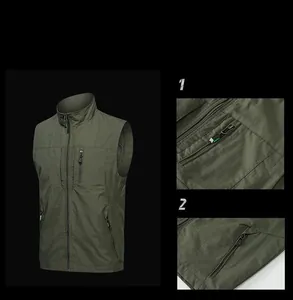 Detail of dark green outdoor vest featuring ripstop fabric and secure zipper pockets