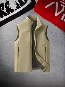 Gilet de plein air kaki pour homme avec poches multiples, doublure mesh et col montant