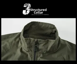Close-up of military green outdoor vest featuring a stand collar and sports zipper detail