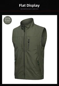 Detail of army green outdoor vest showing zip-up front and functional zipper pockets