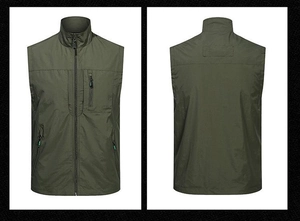 Front and back view of olive green outdoor tactical vest with four functional zipper pockets
