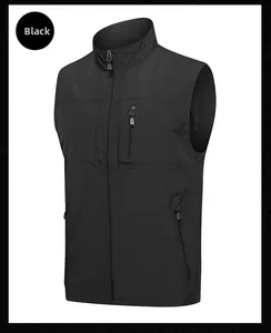 Detail view of black outdoor vest featuring vertical zip pocket and stand-up collar design
