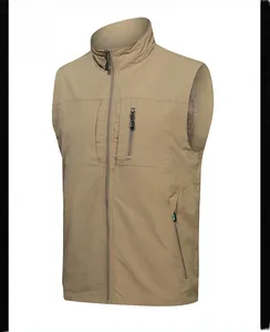 Detail view of khaki outdoor vest showing stand collar and breathable mesh lining