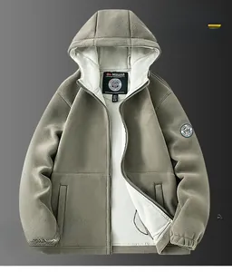 Close-up of olive green fleece hooded jacket with embroidery and white warm lining