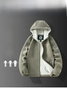 Detail of olive green hooded fleece jacket showing embroidery and breathable inner lining