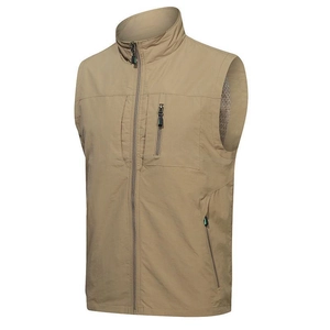 Men's khaki multi-pocket outdoor vest with stand collar and breathable mesh lining