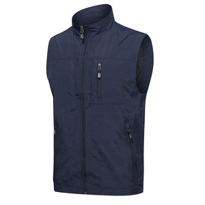 Men's navy outdoor vest featuring a stand collar, windproof fabric, and multi-zipper pockets