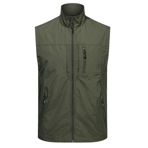 Men's outdoor sports vest in army green featuring stand collar and zipper pockets