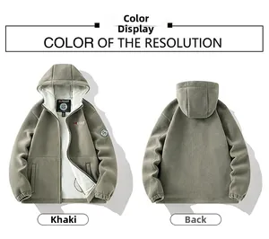 Flat lay of khaki hooded fleece jacket showing both front and back views with ribbed cuffs