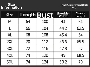 Size chart for men's flight jacket with measurements from M to 5XL in centimeters