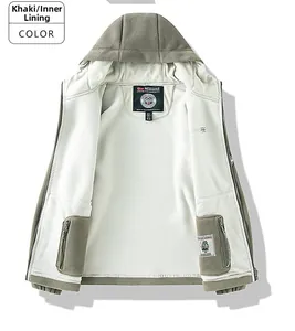 Detail of khaki hooded jacket showing the soft cream-colored fleece lining and collar tags