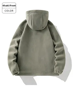 Back view of a khaki fleece hoodie jacket showing plush texture and elastic cuffs