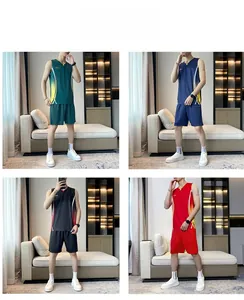 Detail view of quick-dry men's basketball sets in dark green, navy, black and red