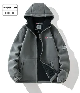 Detailed front view of a grey hooded fleece jacket with zipper and Norwayan badge embroidery