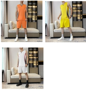 Three men wearing quick-dry sports suits with vests and shorts for gym and basketball