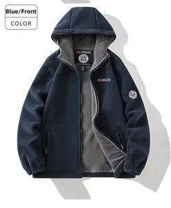 Detail of navy fleece-lined hooded jacket with gray lining and Norway embroidery
