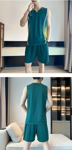 Front and back view of men's dark green breathable quick-dry mesh sports jersey set