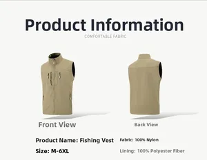 Vues détaillées avant et arrière d'un gilet de pêche kaki à poches multiples