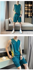 Detail view of a men's dark green breathable quick-dry sport tank top and shorts set