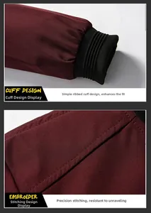 Detail of dark burgundy jacket showing black ribbed knit cuffs and precision stitching