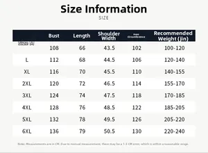 Guide des tailles pour gilet de plein air avec mesures du M au 6XL en centimètres