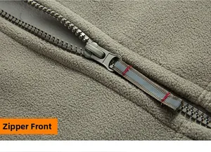 Close-up of khaki fleece jacket zipper placket with dark grey teeth and red stitching