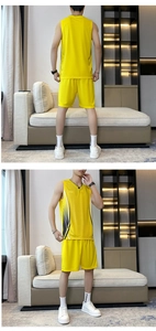Detail of yellow quick-dry sports set showing breathable mesh fabric and sport lettering