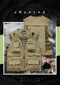 Detail of khaki outdoor fishing vest with breathable mesh and multiple functional pockets
