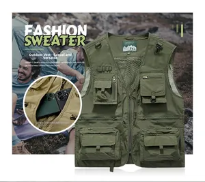 Close-up of military green outdoor vest with multi-pocket design and breathable mesh lining
