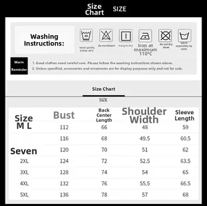 Detailed size guide and washing instructions for men's jackets from M to 5XL sizes