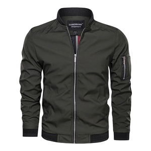 Front view of men's slim fit olive green bomber jacket with rib-knit collar and sleeve pocket