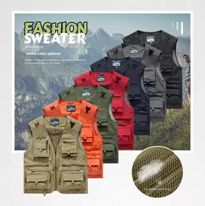 Detail of multi-pocket fishing vest showing breathable mesh lining and various color options