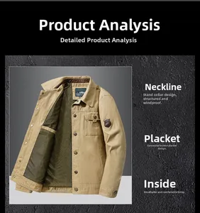 Detail of khaki jacket showing lapel, concealed snap placket, and breathable mesh lining