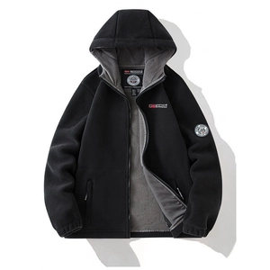 Men's black hooded fleece jacket with Norwayan embroidery and warm grey lining