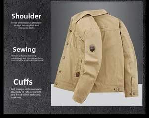 Detail of khaki jacket showing shoulder stitching and windproof cuff design