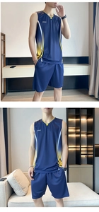 Detail of navy quick-dry sports vest with V-neck and yellow gradient side patterns